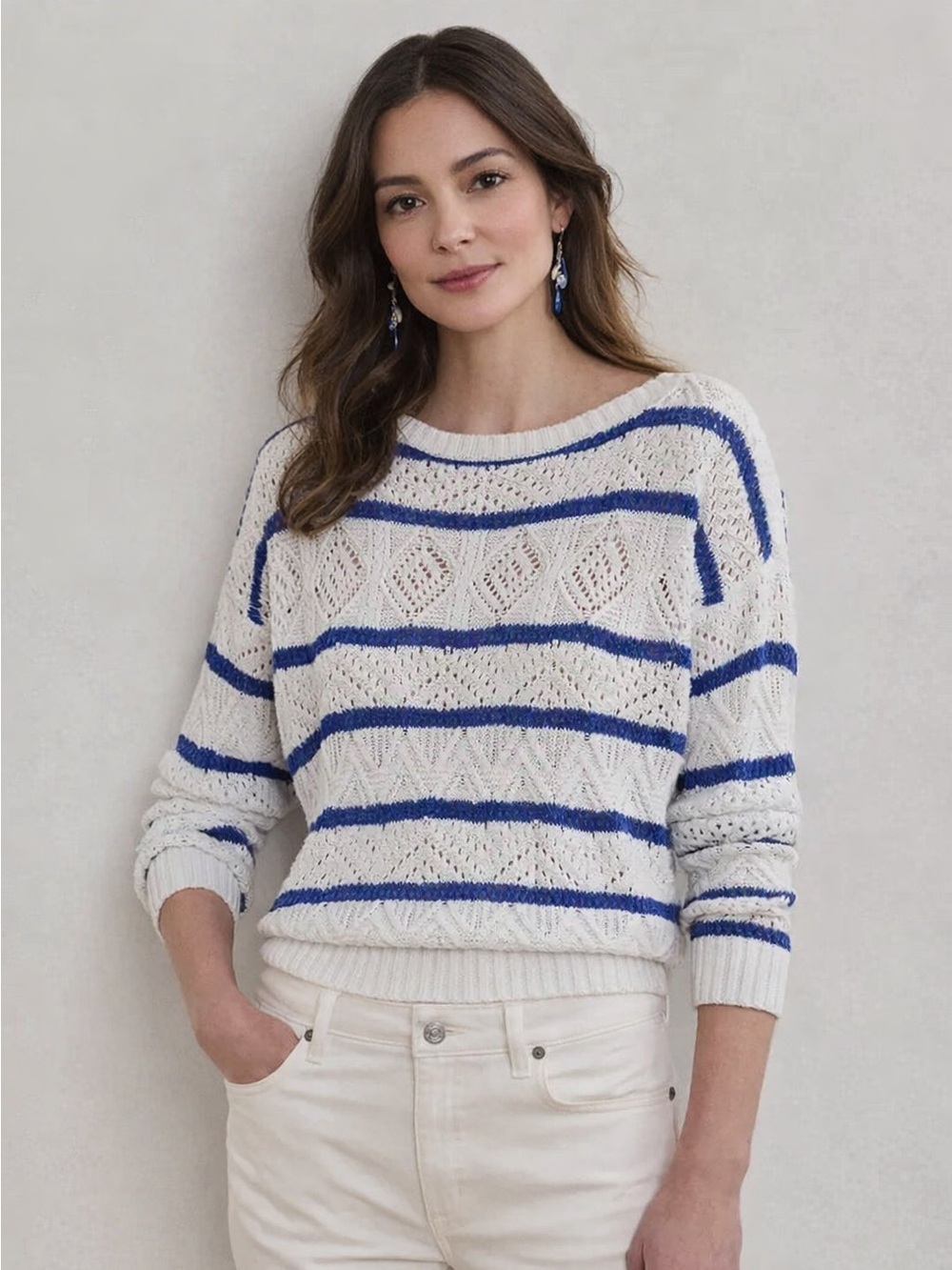 Lauren Ralph Lauren Stripe Pointelle Cotton Blend Sweater Size XL